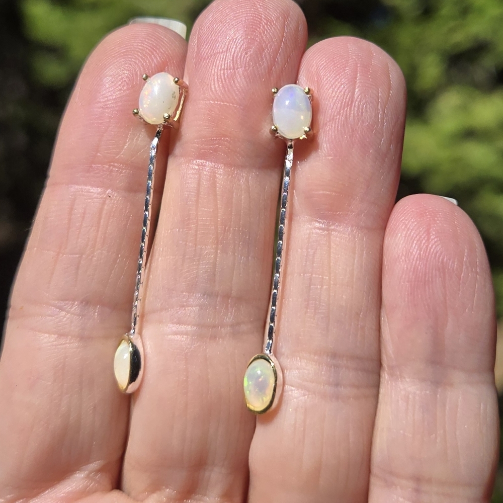 Opal Natural Gemstone Sterling & Gold Earrings 6k - Picture 8 of 11